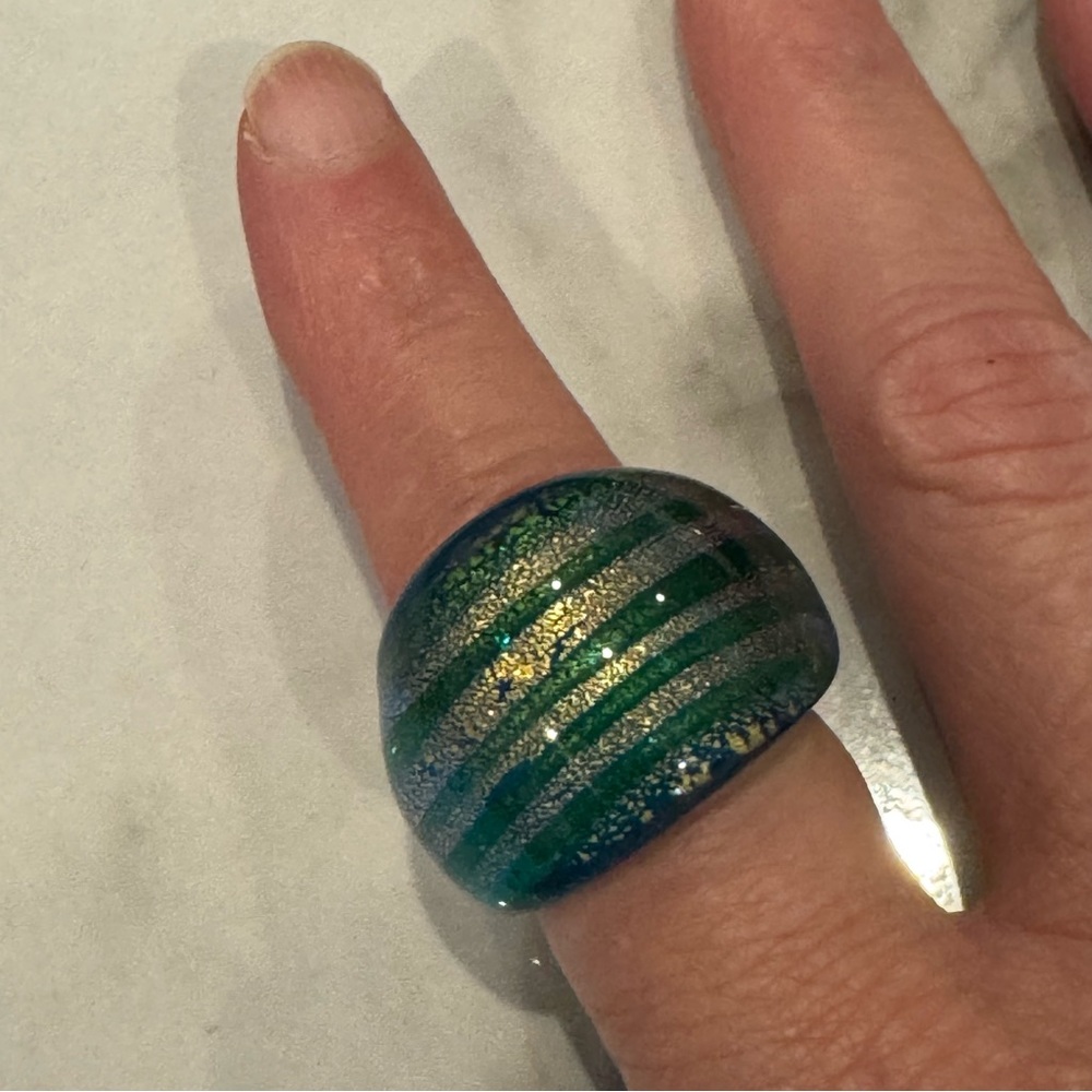 Women’s Teal and Gold Striped Dichoic Glass Dome Ring